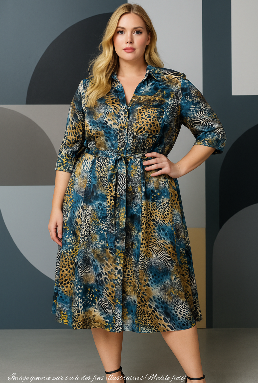 Robe chemise grande taille satin imprimé Panthère Bleu Abstrait MEG10