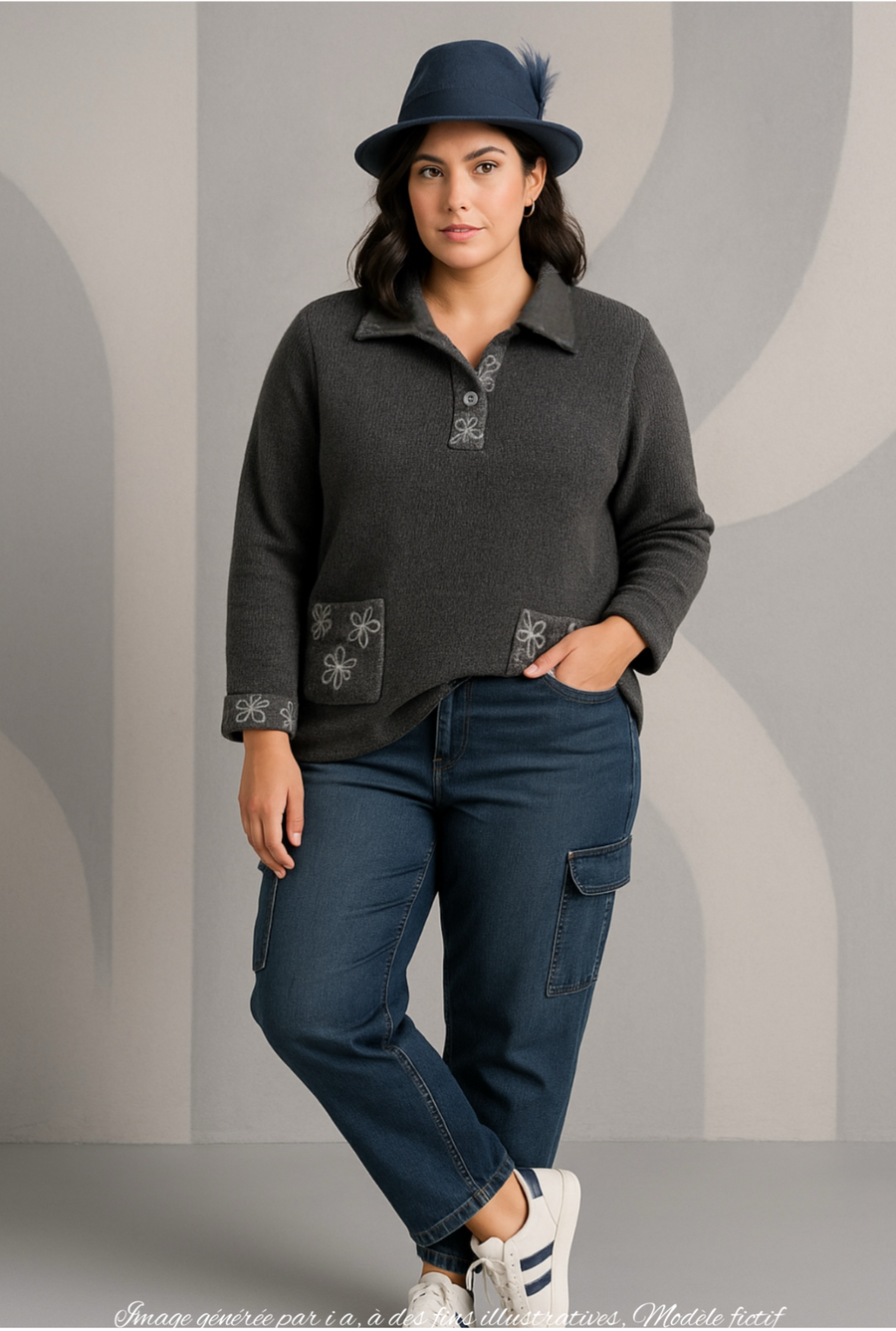 Top grande taille col polo en maille chaude grise KATT02P