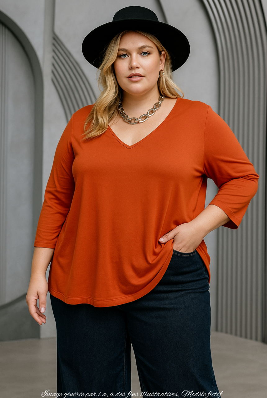 Top grande taille en maille unie KATT01 NEW CHOCOLAT/Noir/Marine/Bleu royal/Sapin/Noisette/Brique/Gris