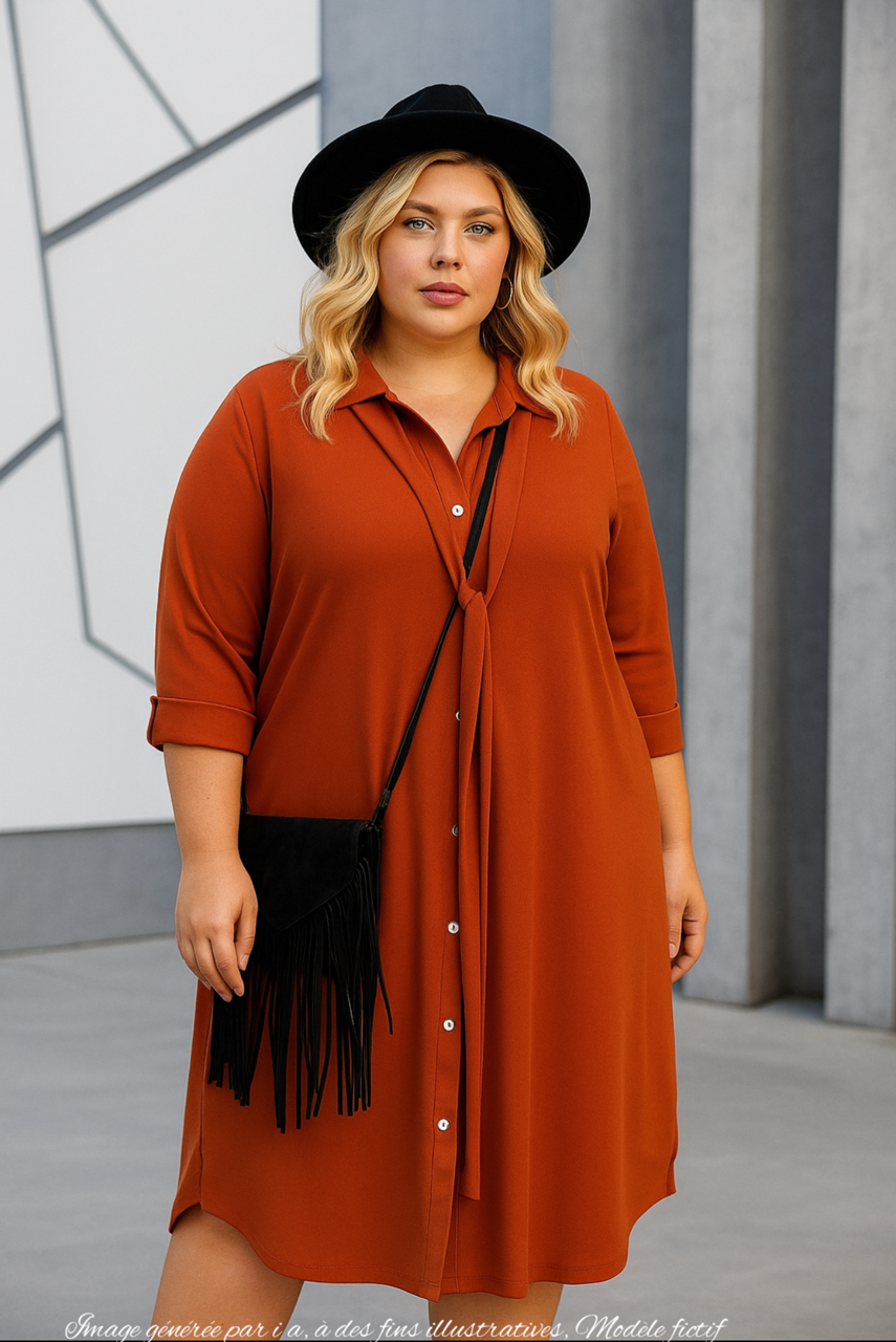 Robe chemise grande taille façon maille unie fluide KATCHL01 Noir/Marine/Bleu royal/Sapin/Noisette/Brique/ Gris acier