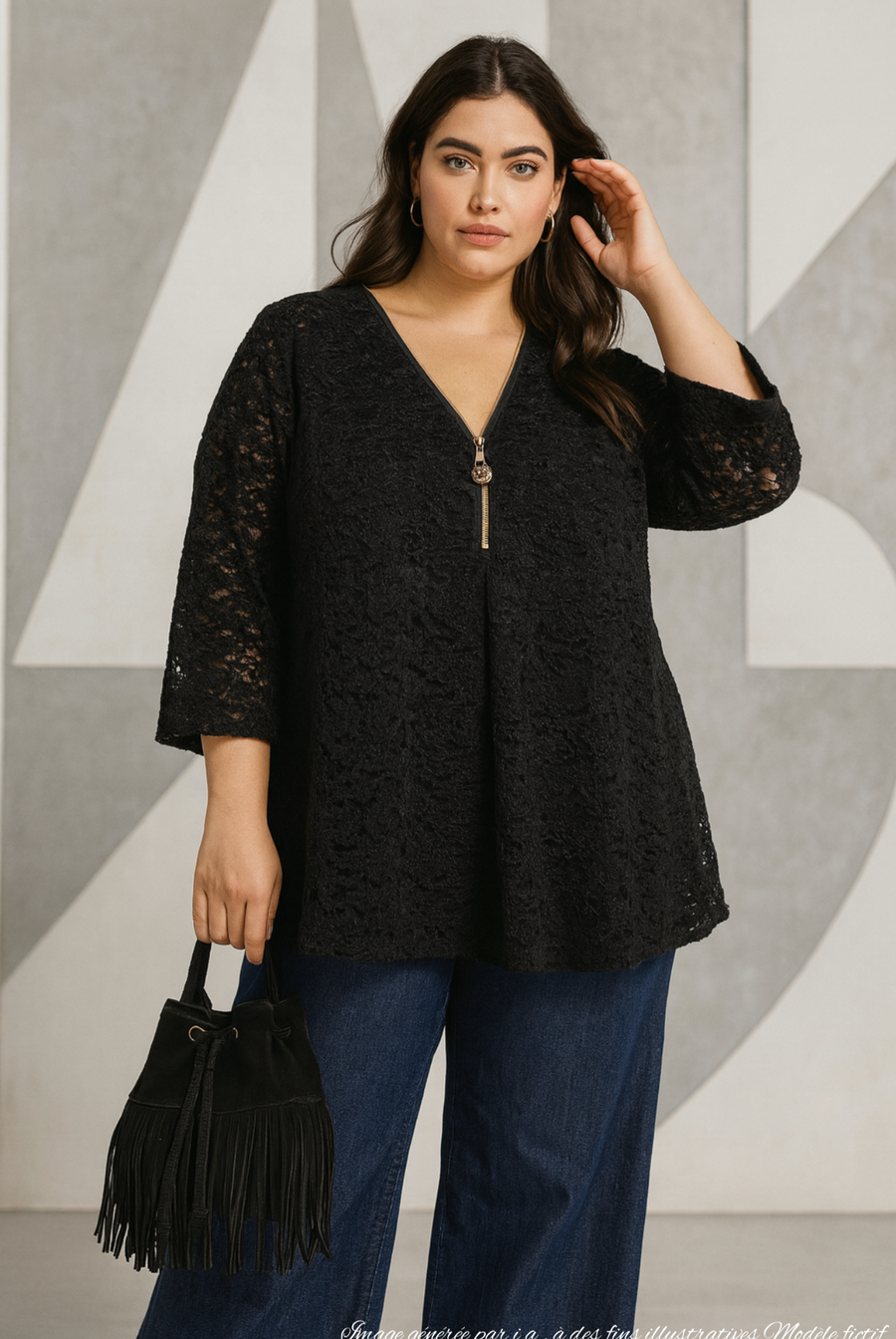 Tunique grande taille en Dentelle de velours avec col zip  KATZ06