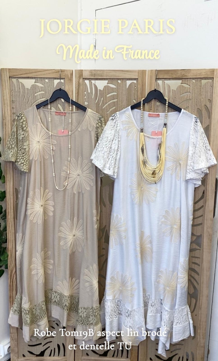 Robe longue grande taille aspect lin brodé écrue TOM19B