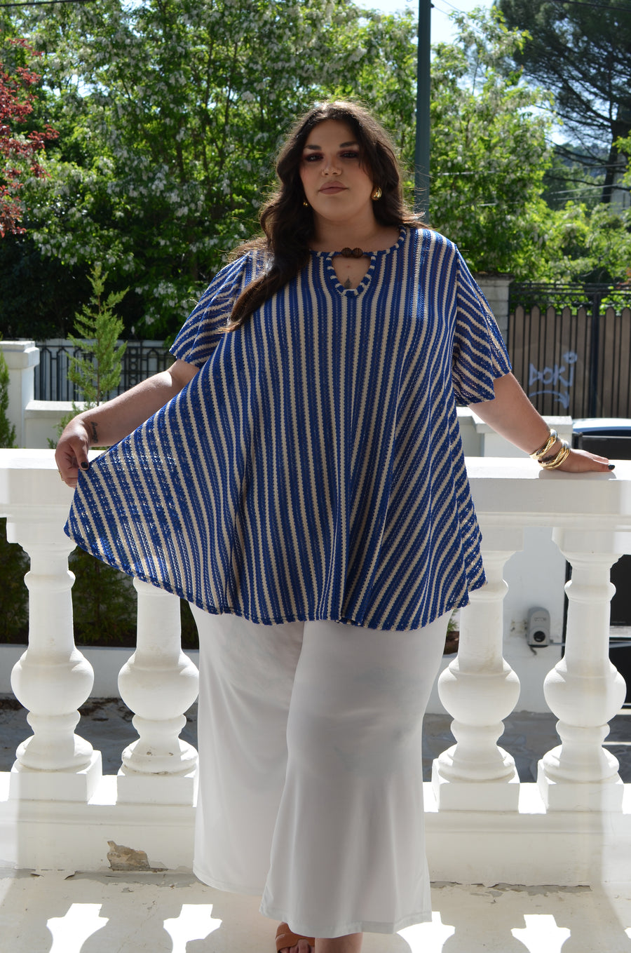 Tunique grande taille en maille crochet rayée royal et crème ARE02C _20%