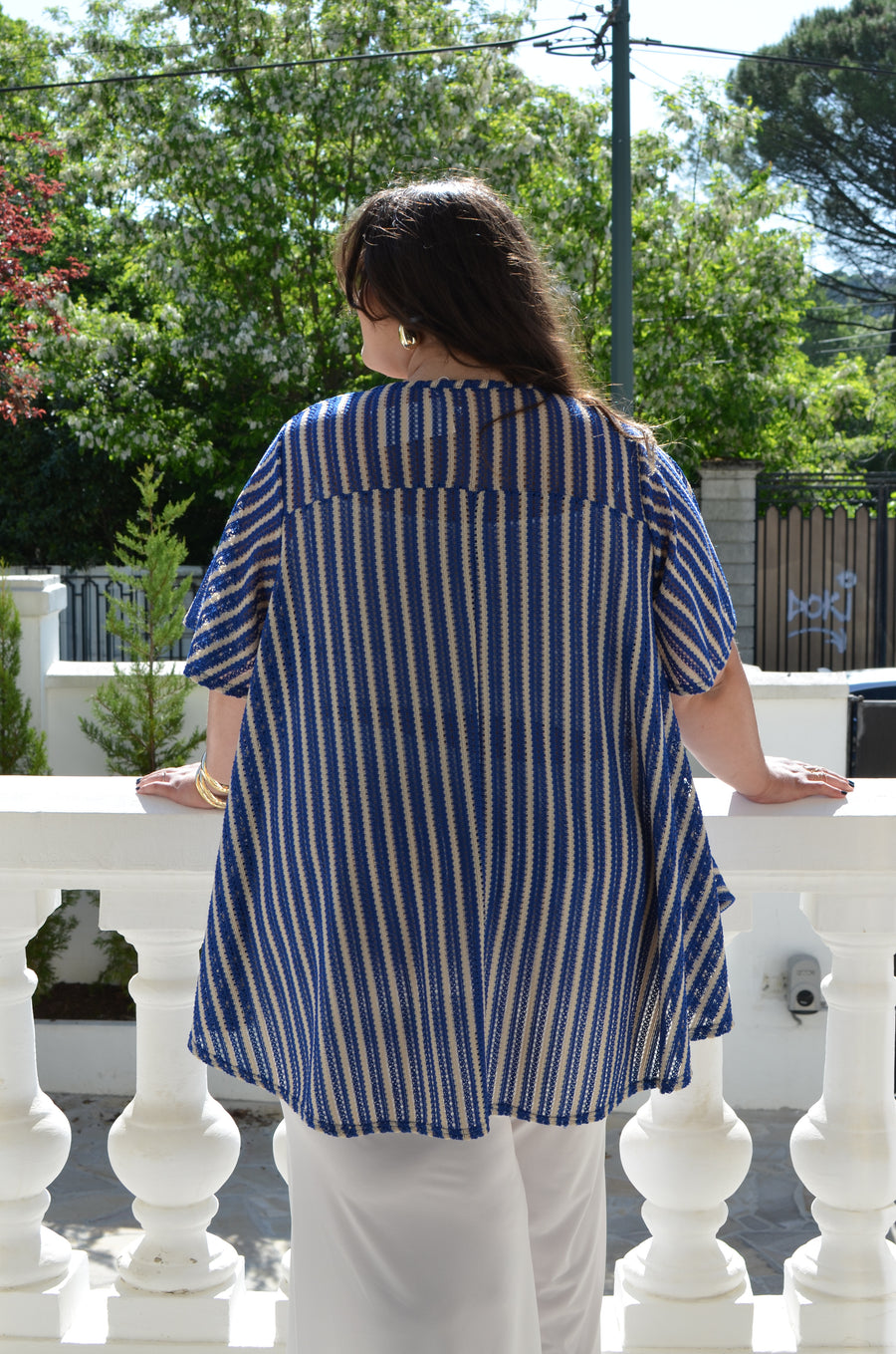 Tunique grande taille en maille crochet rayée royal et crème ARE02C _20%