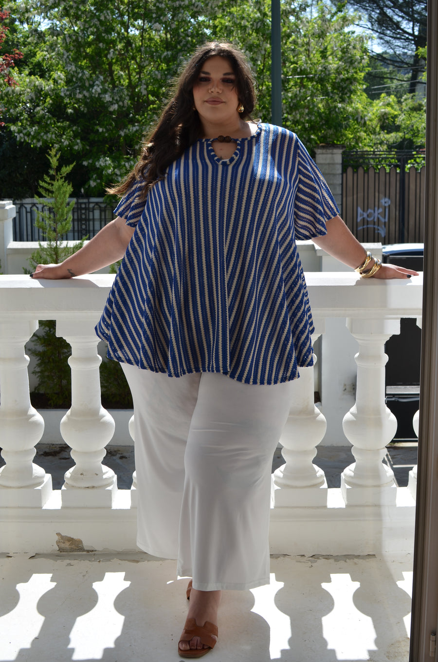 Tunique grande taille en maille crochet rayée royal et crème ARE02C _20%