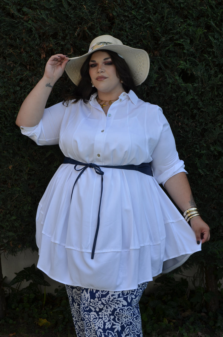 Robe chemise grande taille en semi coton blanc BEL04