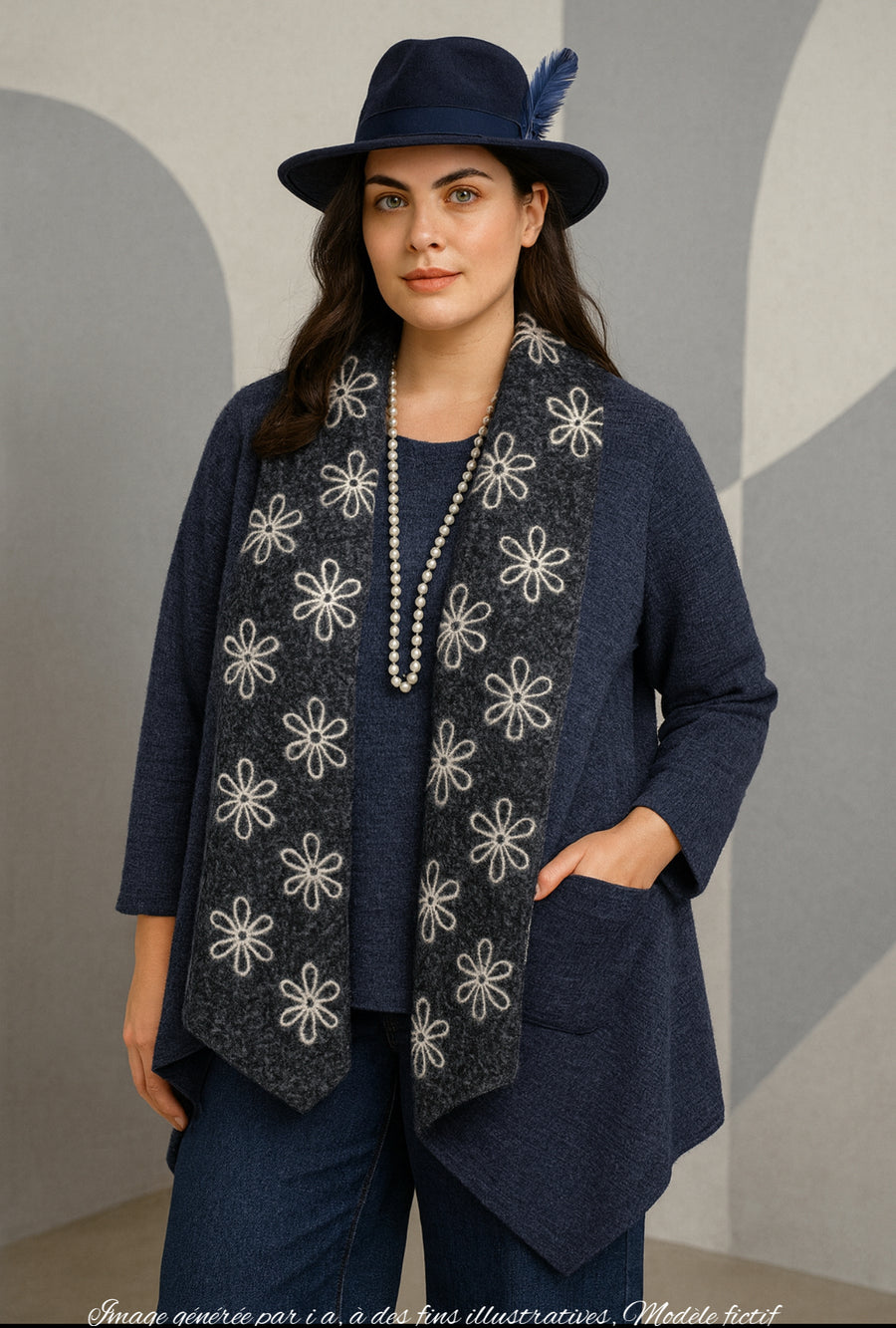 Gilet grande taille en maille aspect lainage marine brodé BLAI02P