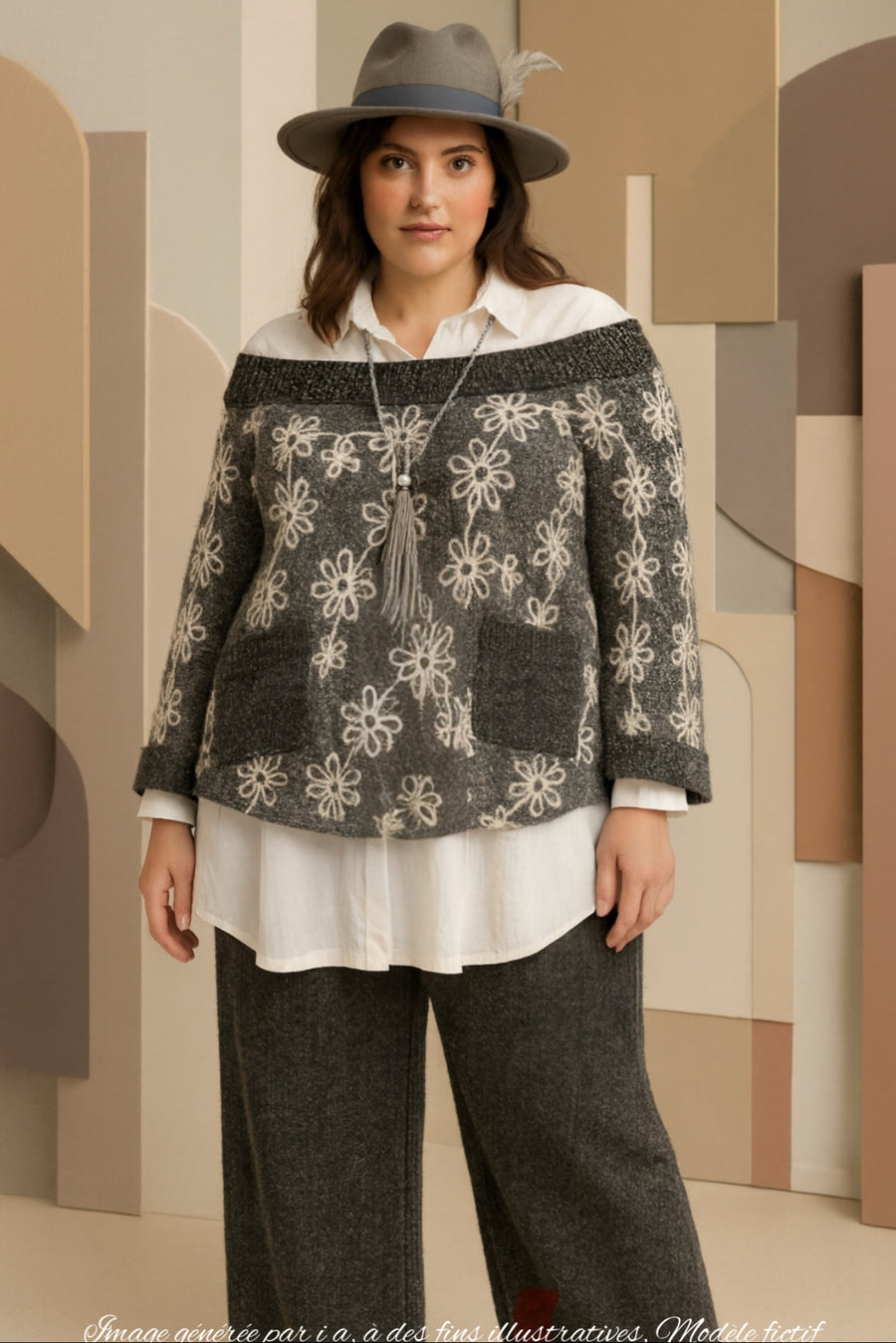 Top grande taille en maille aspect lainage brodé grise INNO02P