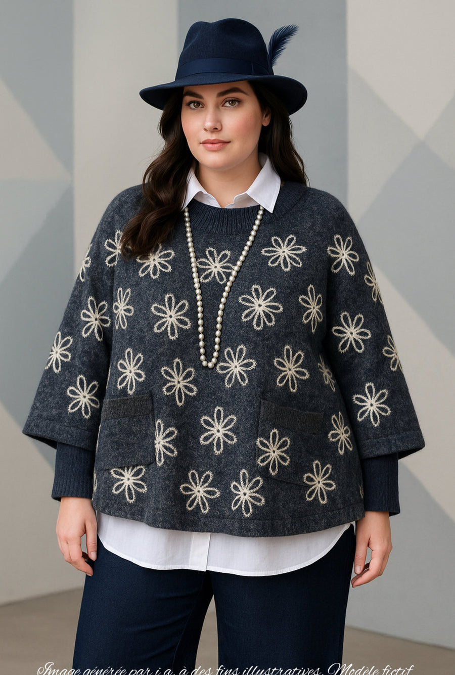 Top grande taille en maille aspect lainage brodé marine INNO02P