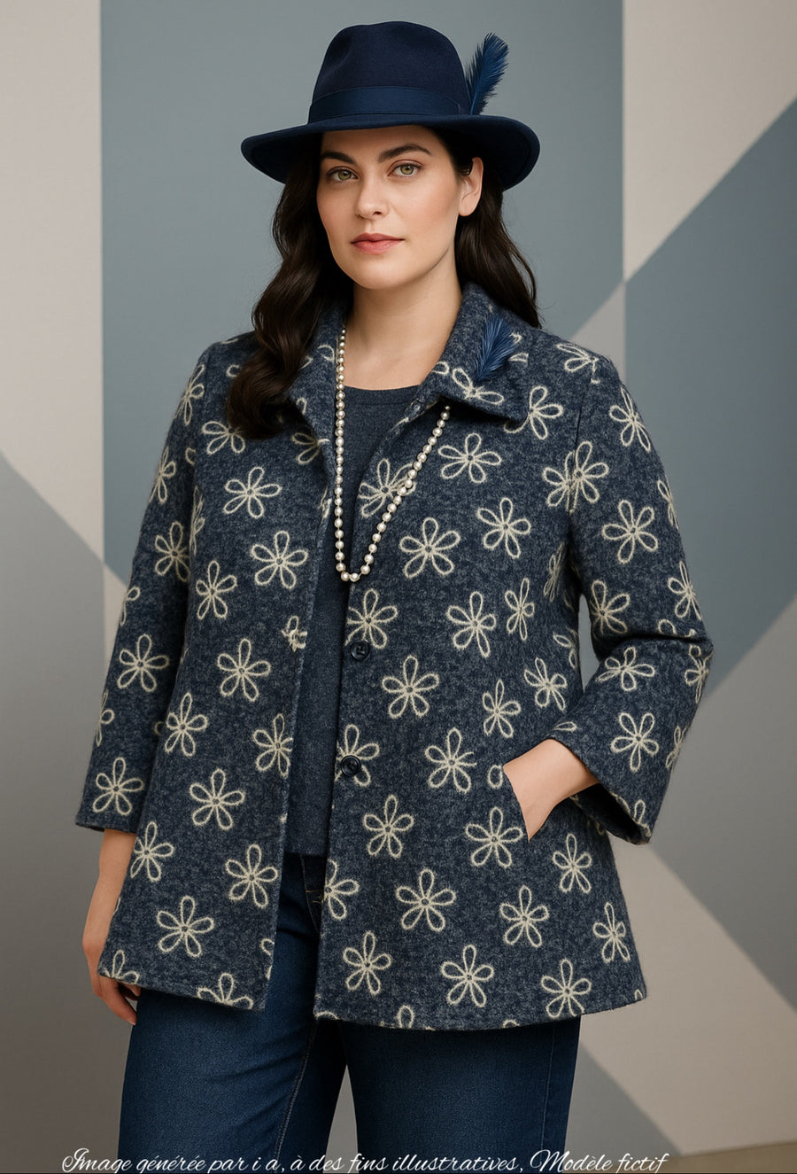Veste grande taille en aspect lainage marine brodé CHARL02P
