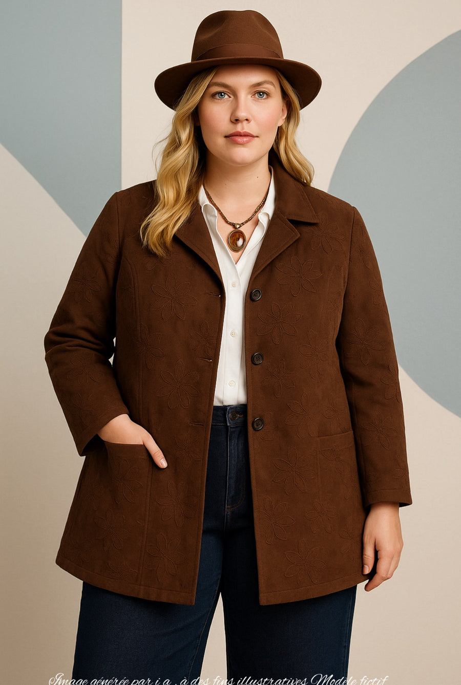 Veste grande taille en aspect daim choco brodé CHARL02P