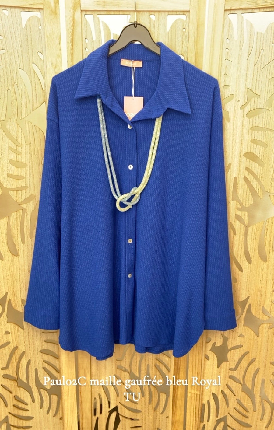 Chemise grande taille en maille gaufrée bleu royal PAUL02C