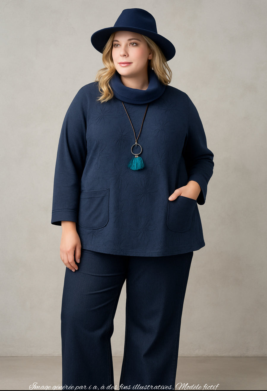 Top grande taille en maille aspect daim brodé marine INNO02P