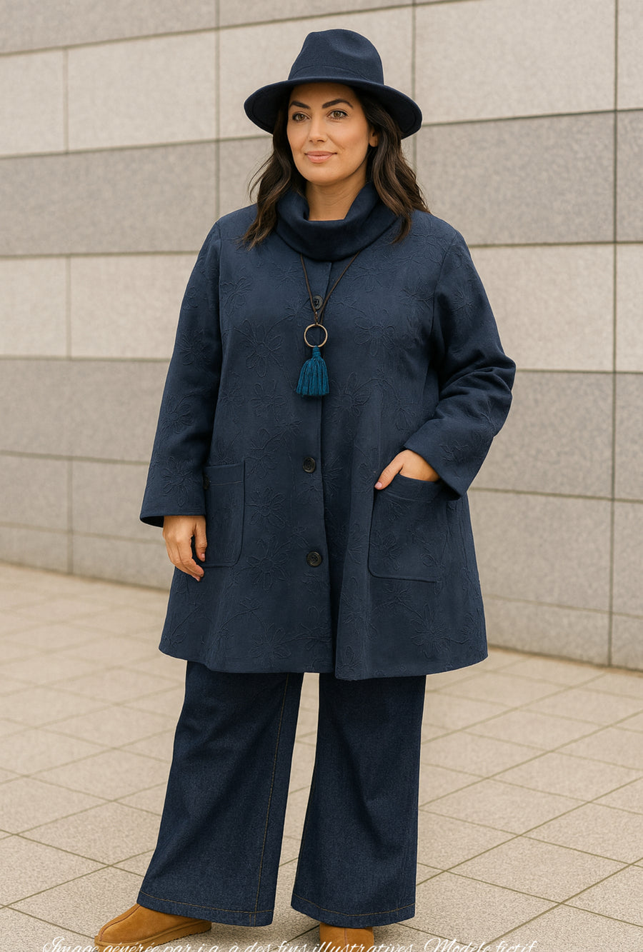 Veste grande taille en aspect daim marine brodé CHARL02P