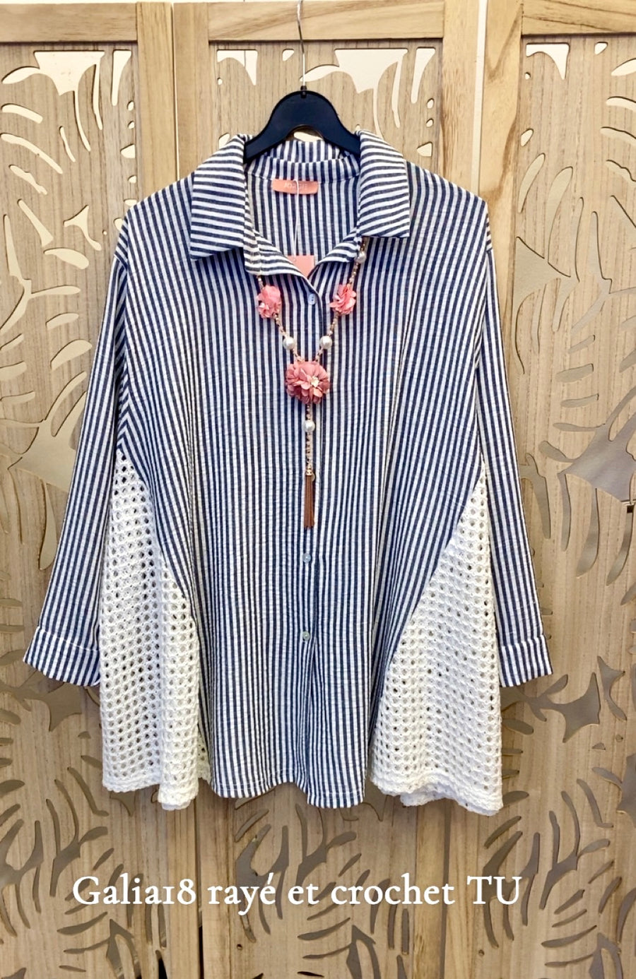 Chemise grande taille en coton rayé et crochet GALIA18