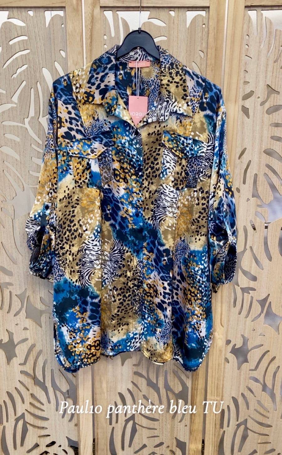 Chemise grande taille en satin panthère Bleu PAUL10