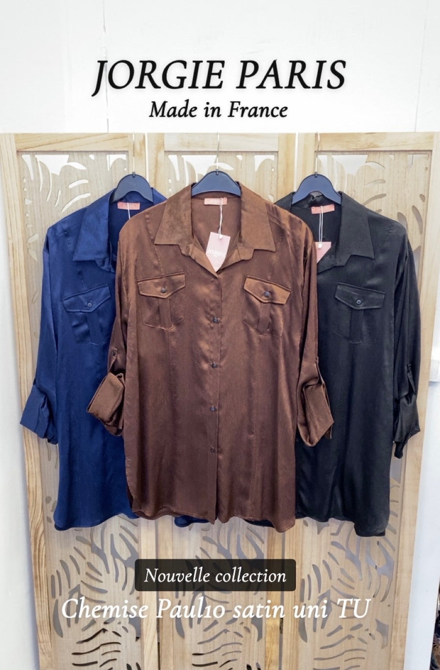 Chemise grande taille en satin uni Bleu nuit PAUL10
