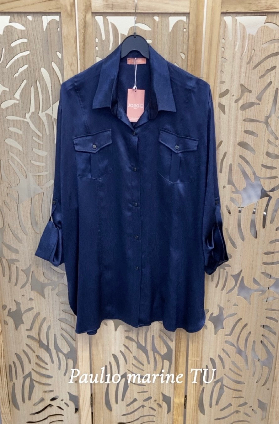 Chemise grande taille en satin uni Bleu nuit PAUL10