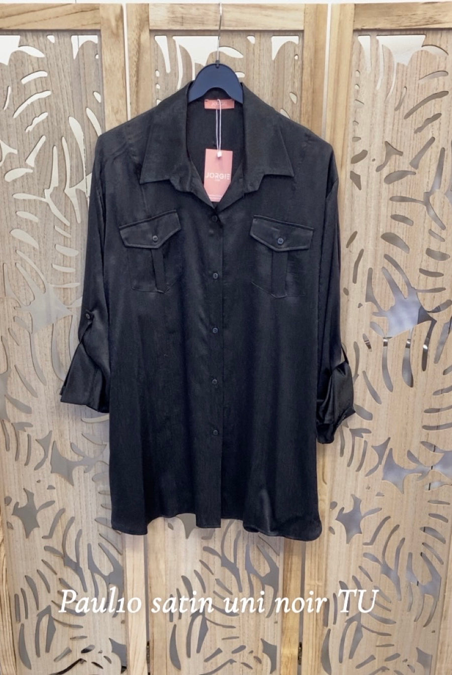 Chemise grande taille en satin uni Noir PAUL10