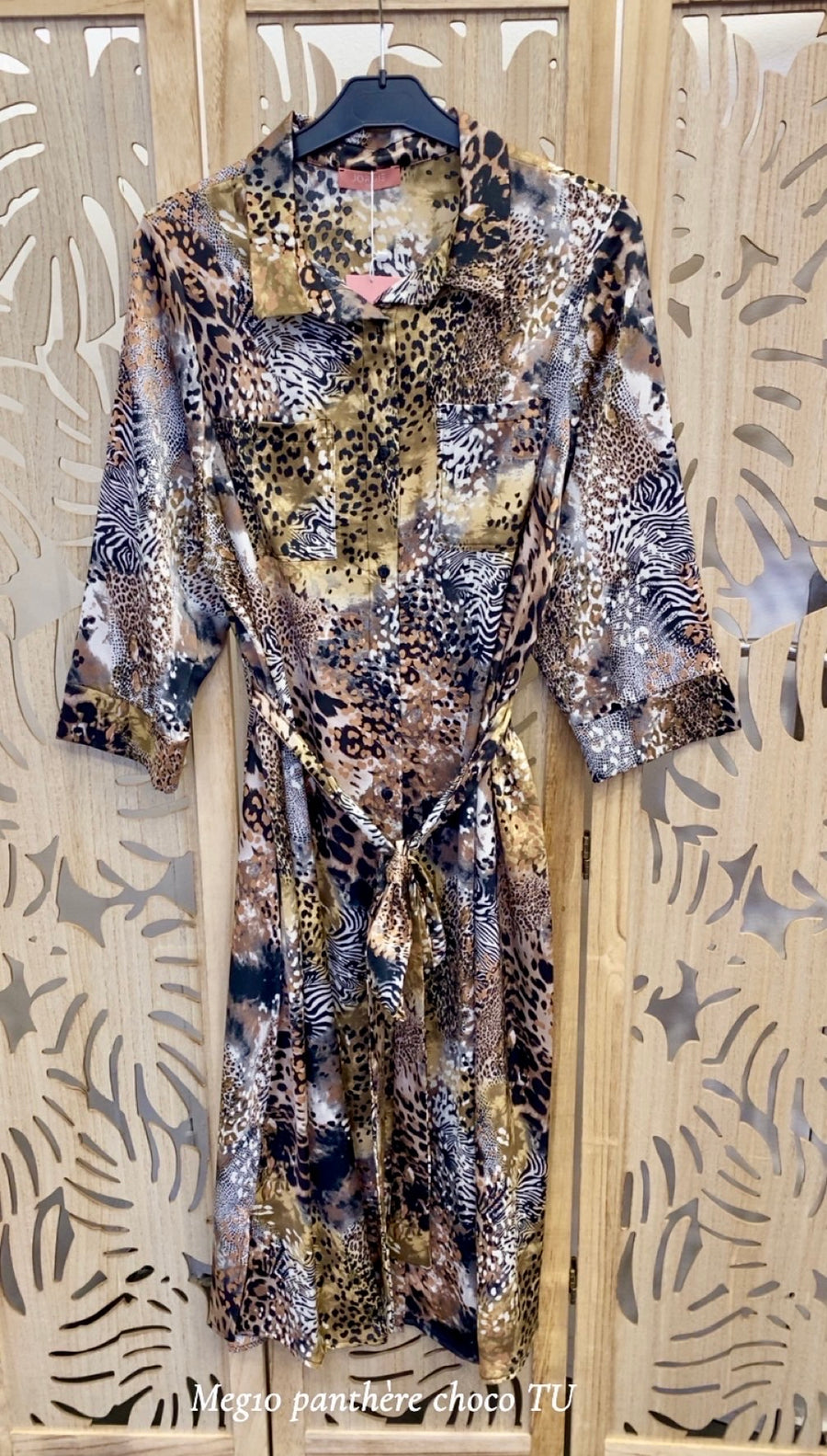 Robe chemise grande taille satin imprimé Panthère Beige Abstrait MEG10