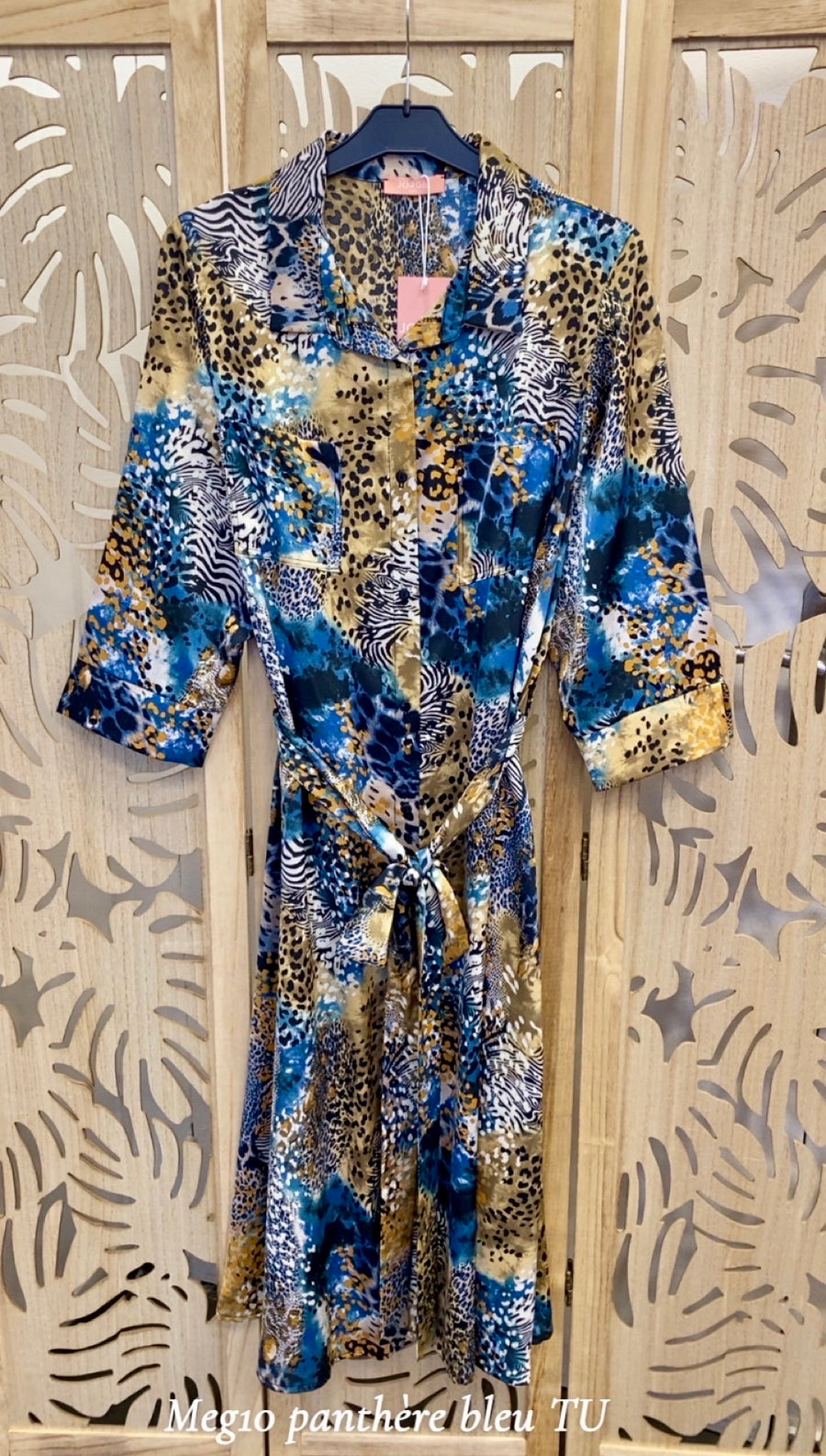 Robe chemise grande taille satin imprimé Panthère Bleu Abstrait MEG10