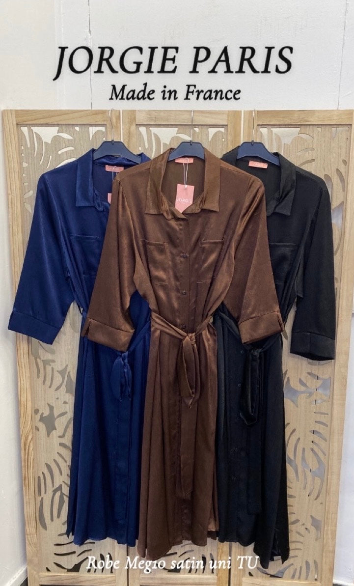 Robe chemise grande taille satin twill uni Noir MEG10