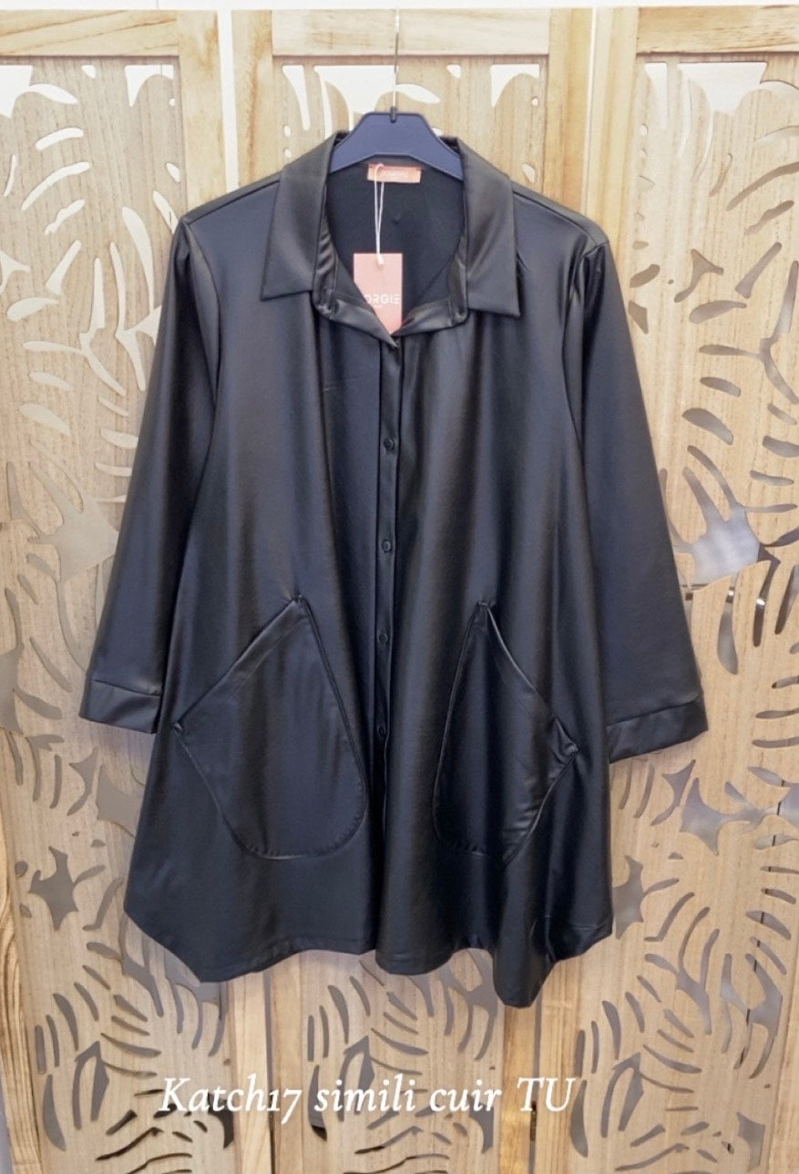 Chemise tunique grande taille en simili cuir noir KATCH17