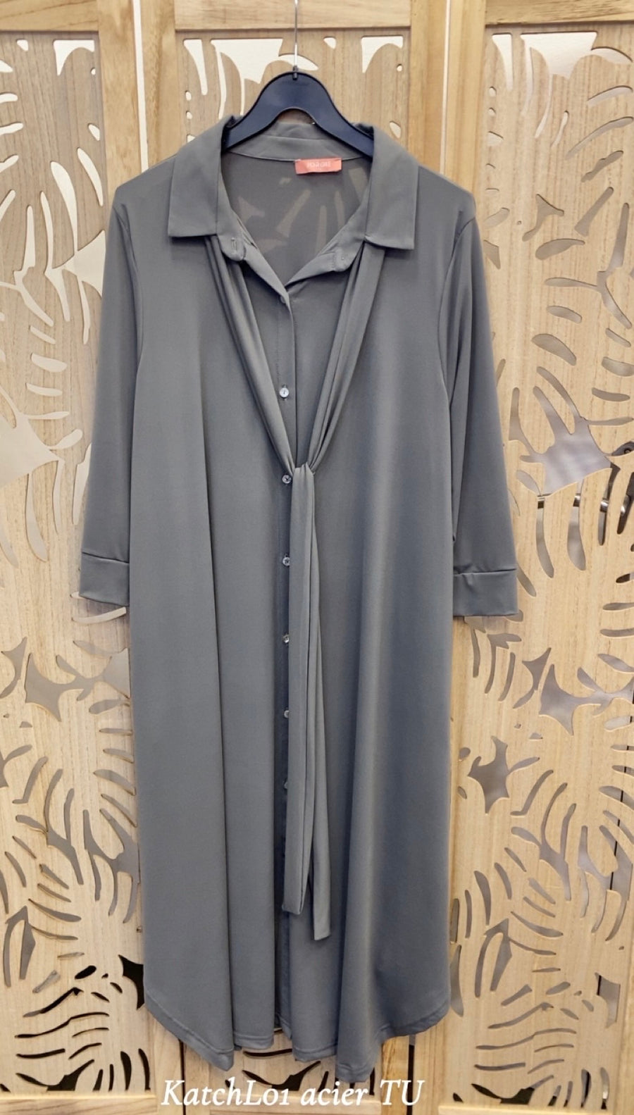Robe chemise grande taille façon maille unie fluide KATCHL01 Noir/Marine/Bleu royal/Sapin/Noisette/Brique/ Gris acier
