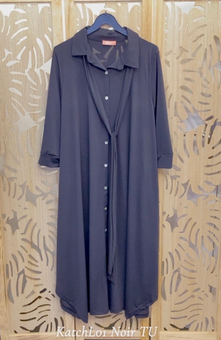 Robe chemise grande taille façon maille unie fluide KATCHL01 Noir/Marine/Bleu royal/Sapin/Noisette/Brique/ Gris acier