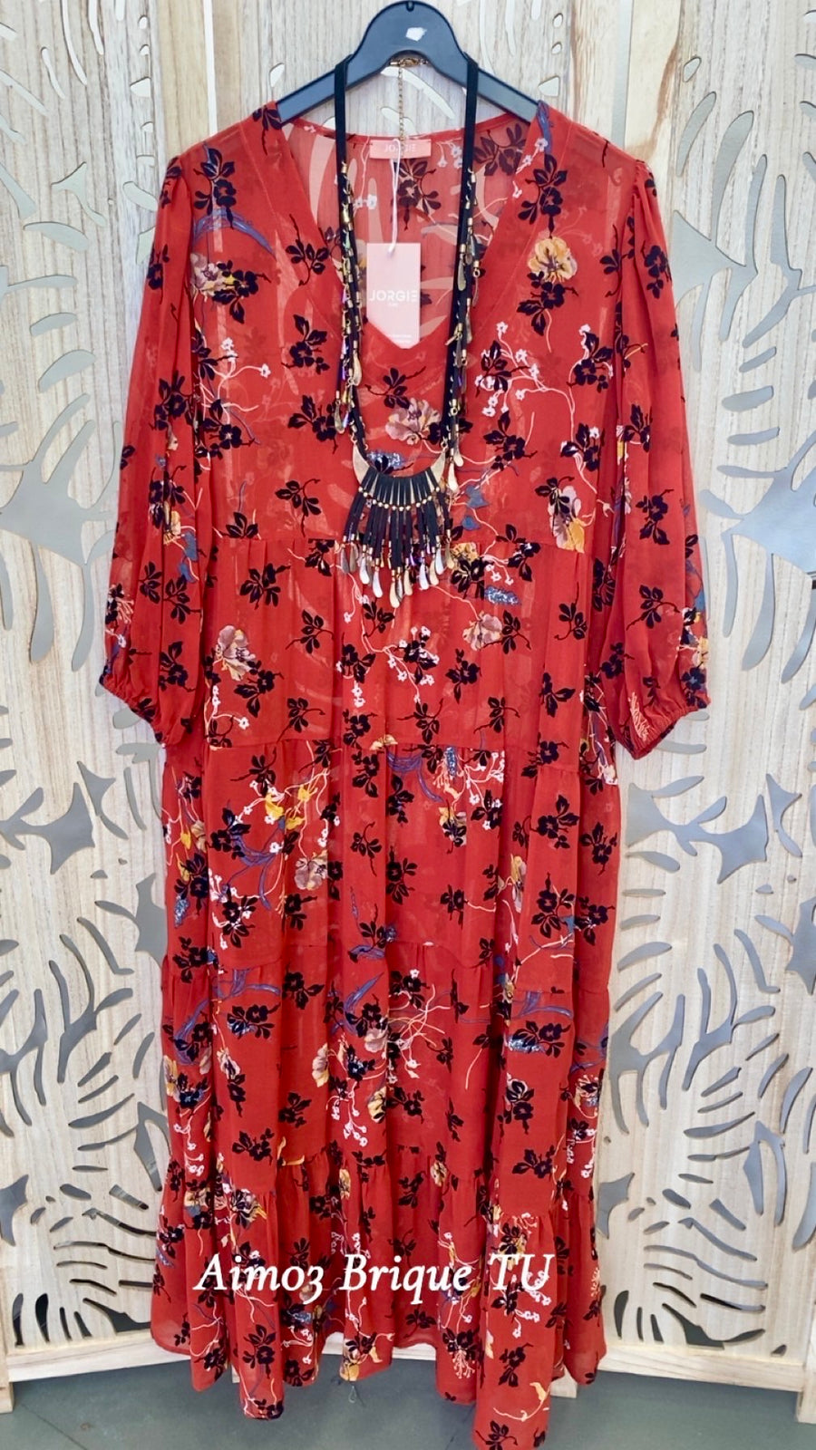 Robe longue grande taille en voile velours imprimé BRIQUE AIM03