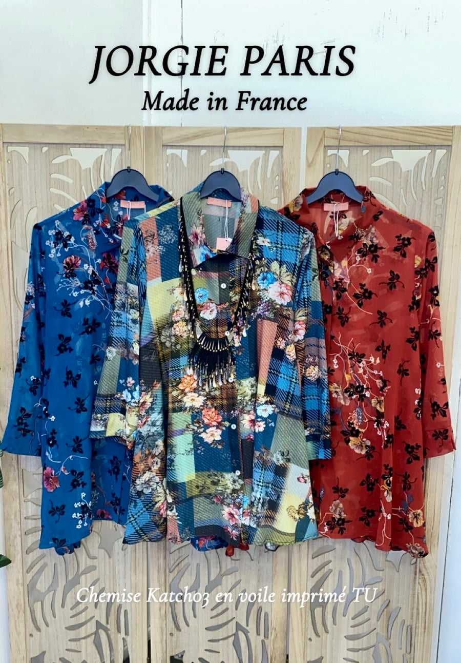 Tunique chemise grande taille en voile imprimé Patch Bleu KATCH03
