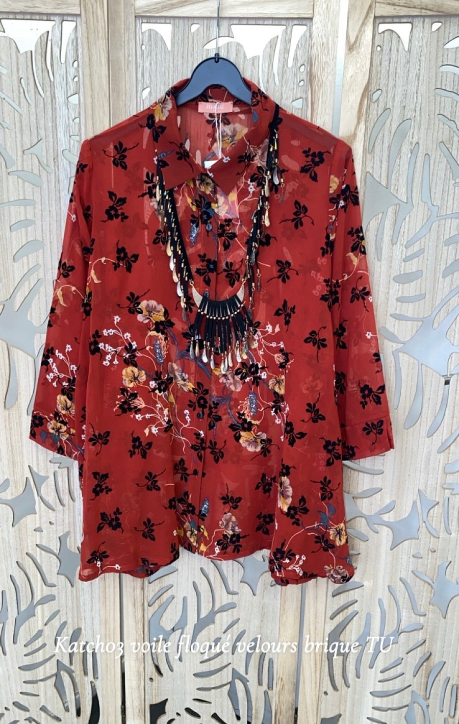 Tunique chemise grande taille en voile imprimé Fleur velours BRIQUE KATCH03
