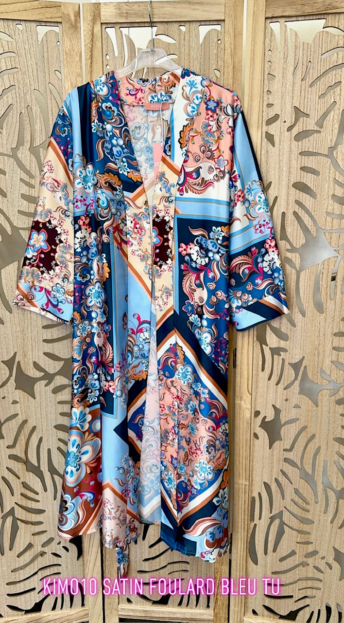 Gilet long grande taille en satin twill imprimé foulard bleu ou géométrique lilas KIM10 2 couleurs