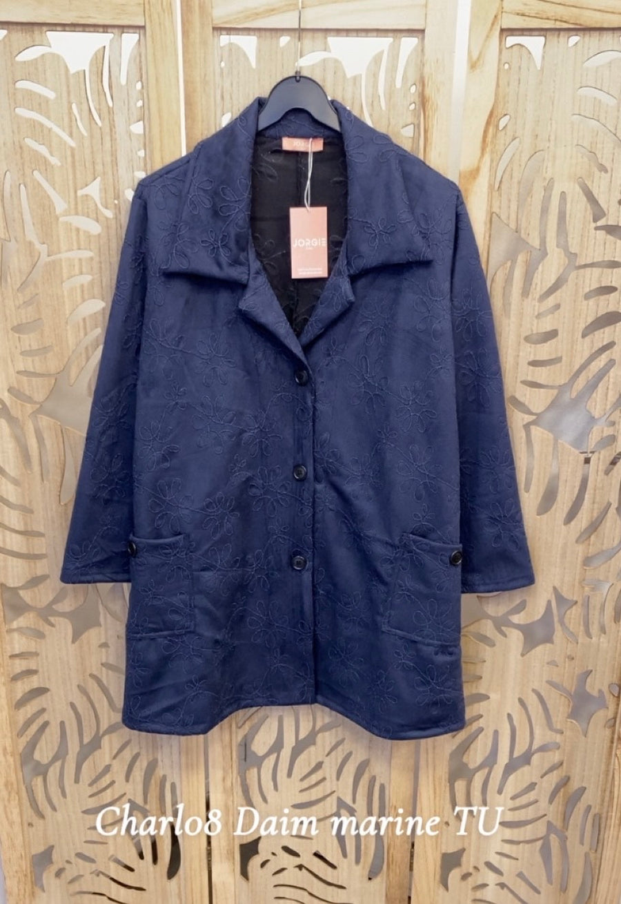 Veste grande taille en aspect daim marine brodé CHARL02P