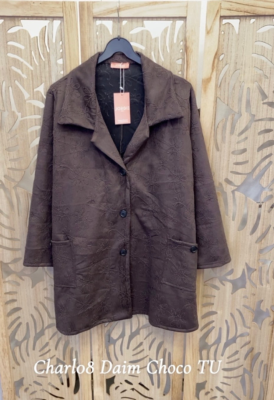 Veste grande taille en aspect daim choco brodé CHARL02P