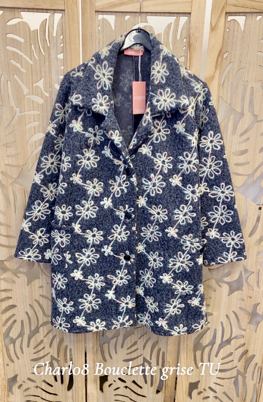 Veste grande taille en aspect lainage chiné gris brodé CHARL02P