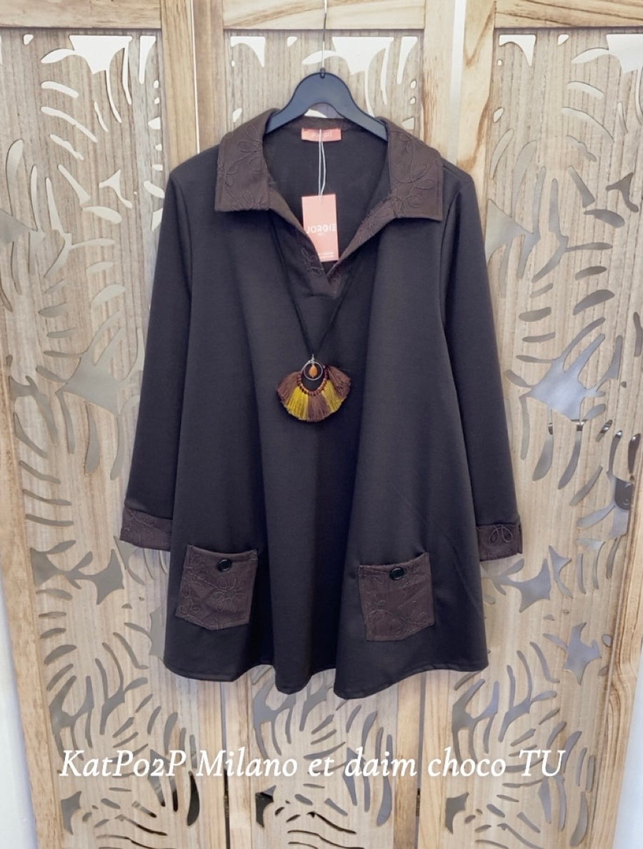 Top grande taille col polo bi matière suédine et Milano choco KATT02P