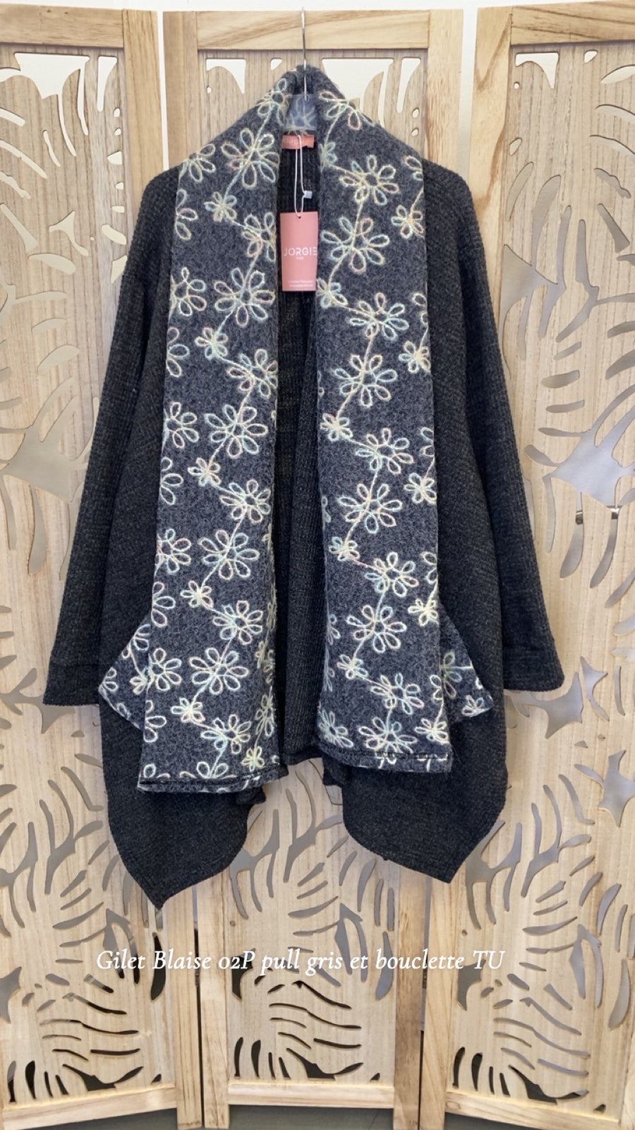 Gilet grande taille en maille aspect lainage chiné gris brodé BLAI02P