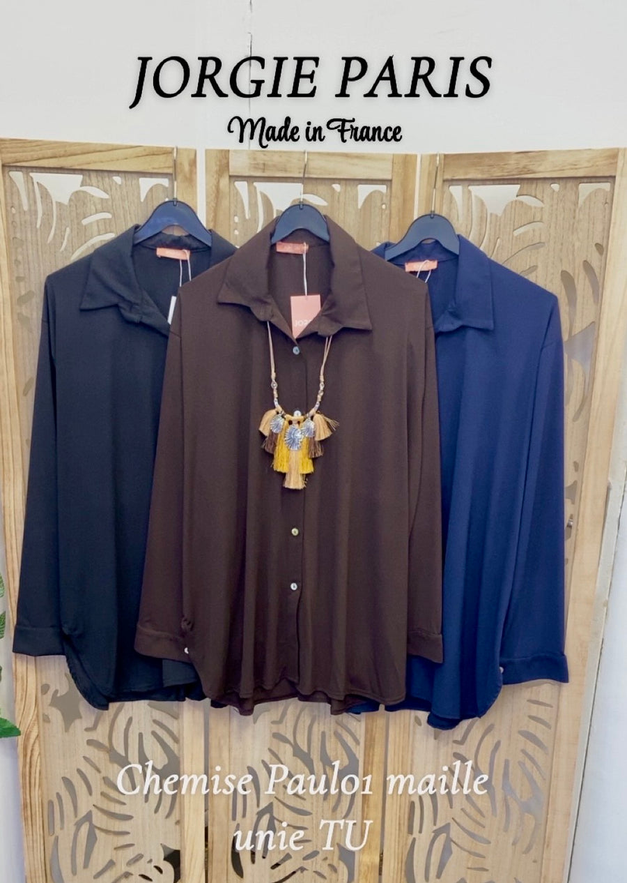 Chemise grande taille en maille unie NOIR/ CHOCOLAT / MARINE PAUL01