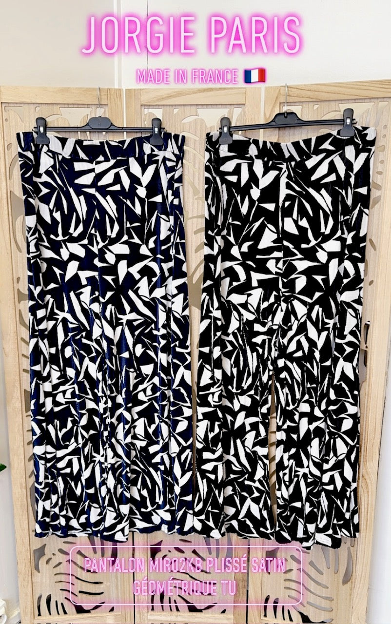 Pantalon grande taille en satin plissé imprimé Géométrique Noir Mir02KP