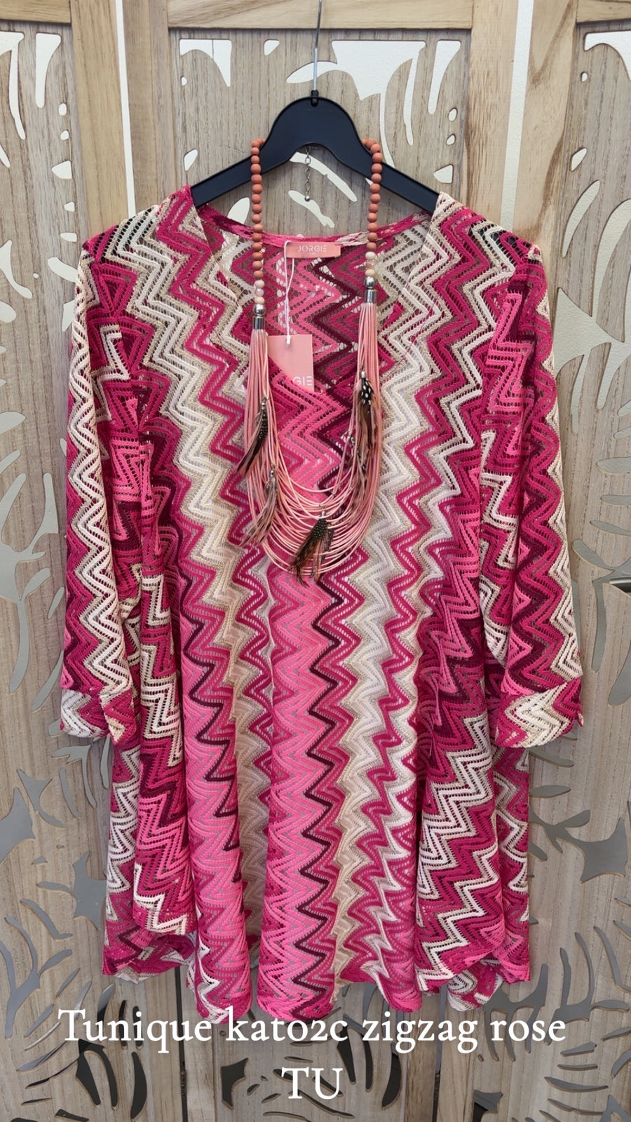 tunique grande taille en crochet zigzag rose KAT02C