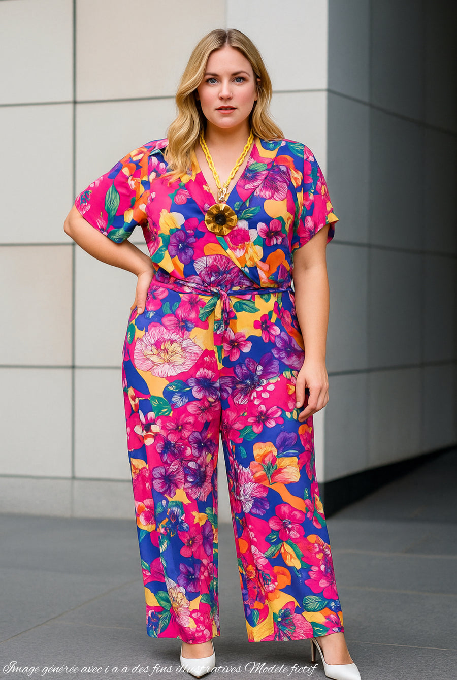Combinaison grande taille en maille imprimée Fleur fushia GABIN02K2