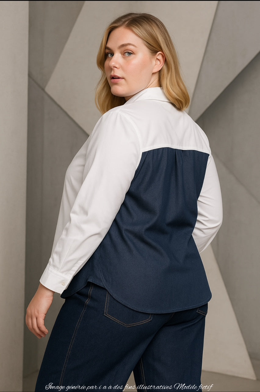 Chemise grande taille en coton blanc et jean GALIA04