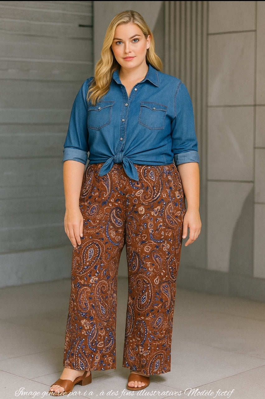 Pantalon grande taille en maille fluide imprimée Cachemire Choco MIR02K2