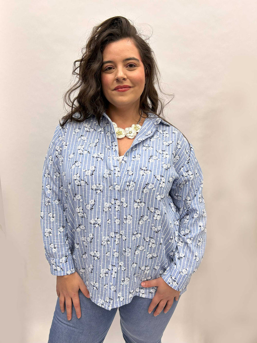 chemise grande taille dos boutonné en viscose rayée ciel fleuri ELI04