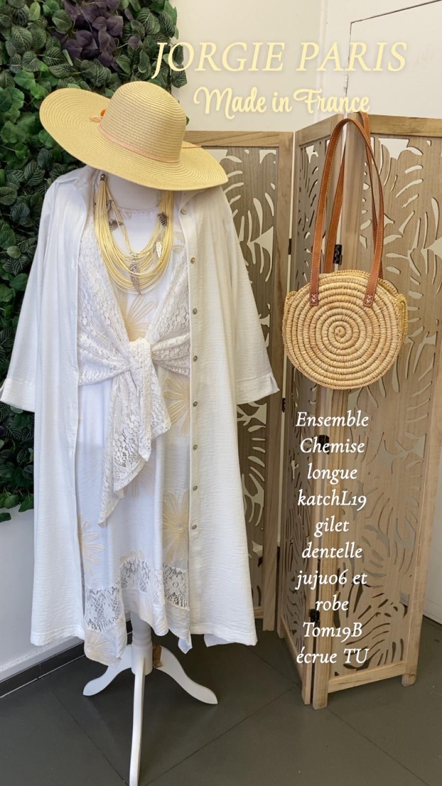 Robe longue grande taille aspect lin brodé écrue TOM19B