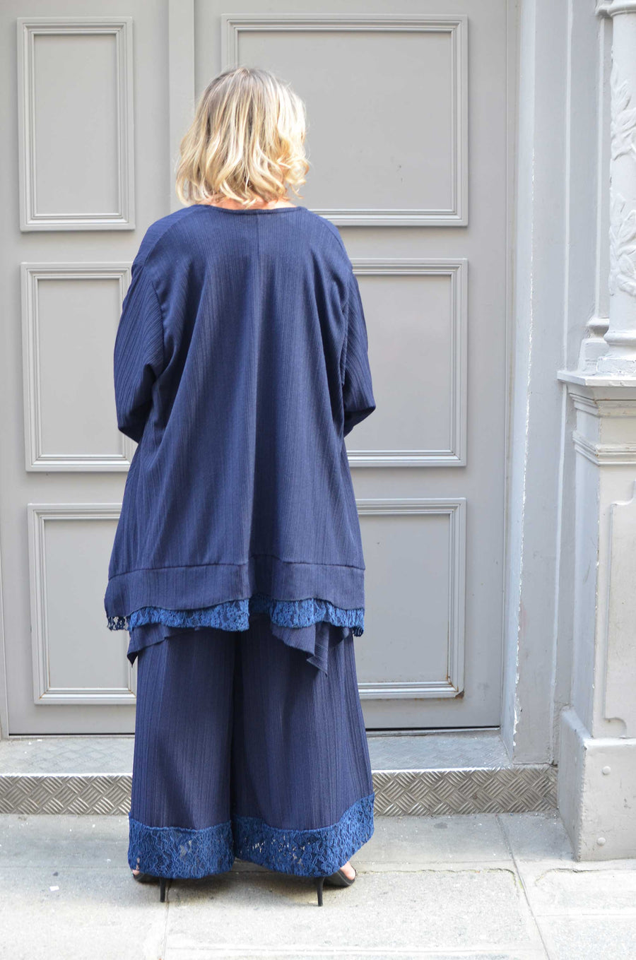 Gilet grande taille en maille côtelée et dentelle Marine GIGI07
