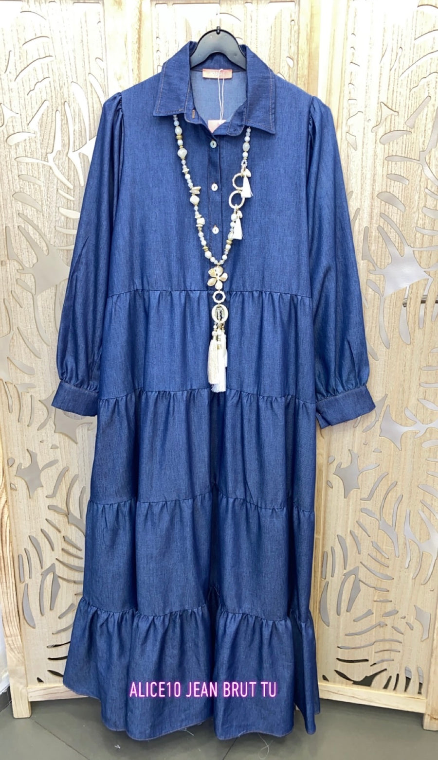 Robe chemise grande taille longue en jean bleu uni ALIC13