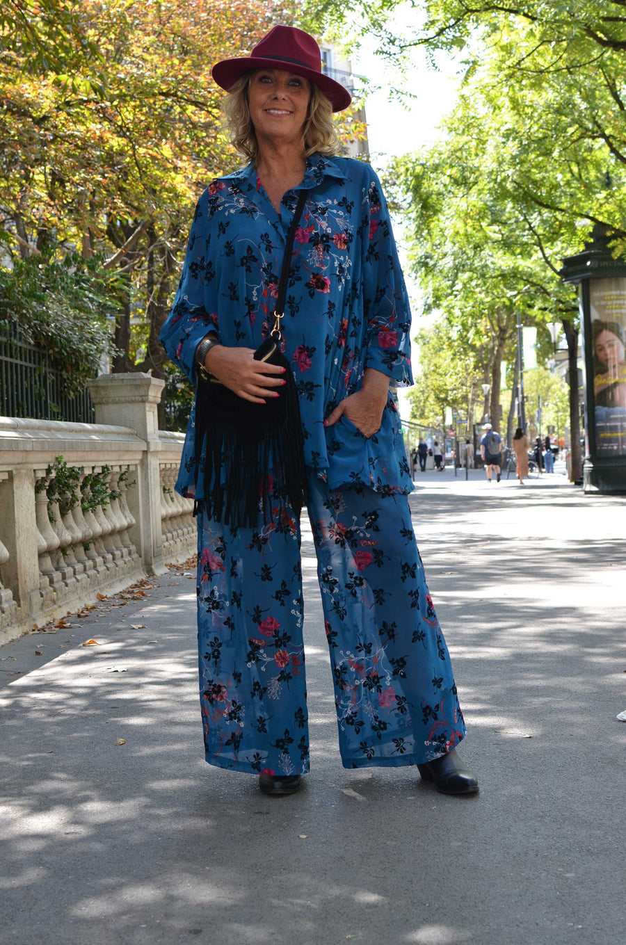 Pantalon grande taille en voile fleur velours BLEU MIR02K2