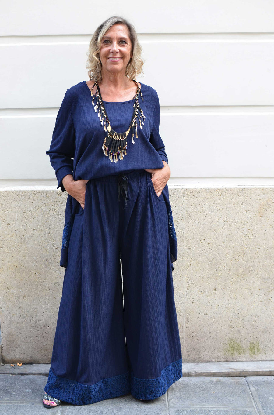 Pantalon grande taille en Maille côtelée et dentelle Marine OPE07
